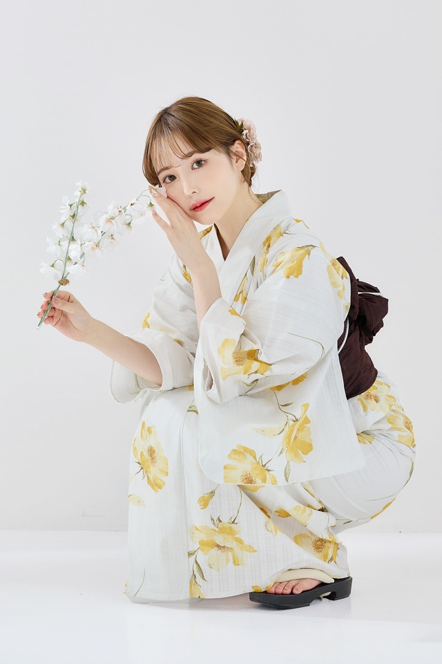 浴衣4点set夏色の水彩花重ね（黄色）Y4-32