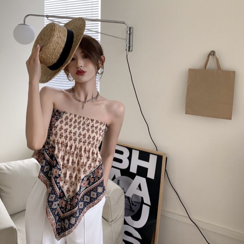 フローラルスカーフ トップス サマーストラップレスショートジャケット 夏物 花柄 シルク スクウェア ブラックストロベリース13166673277