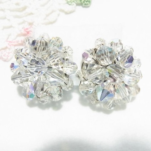 クリアガラスビーズのクラスターイヤリング　 ヴィンテージイヤリング格安セール　K1223E