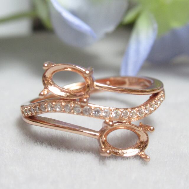 アウトレット6×4㎜×2粒 CZウェーブライン S925 リング台 PG