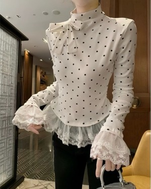 ドットレースリボンネックトップス