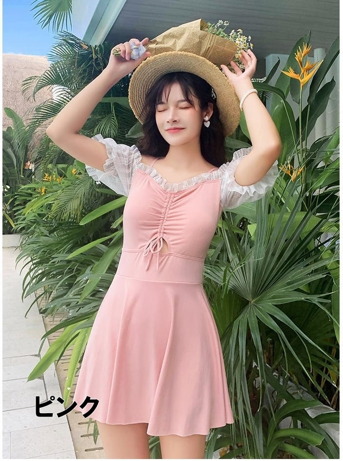 送料無料 水着 ワンピース レディース スカート 袖あり レトロ ガーリー 可愛い 体型カバー 韓国 水着 黒 ピンク ブルー モノトーン フリル バイカラー フェミニン 袖付き 透け感 シアー フリル シャーリング ブラウス オフショルダー ワンピース水着 二の腕カバー 脚