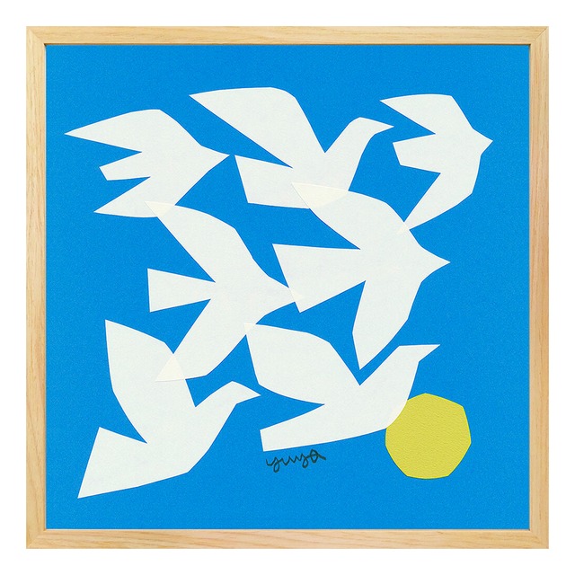 [額縁付き] YUYA「FLYING BIRDS」切り絵作家 アートポスター 天然木フレーム 北欧 ナチュラル 鳥 青 425×425mm AFYY02