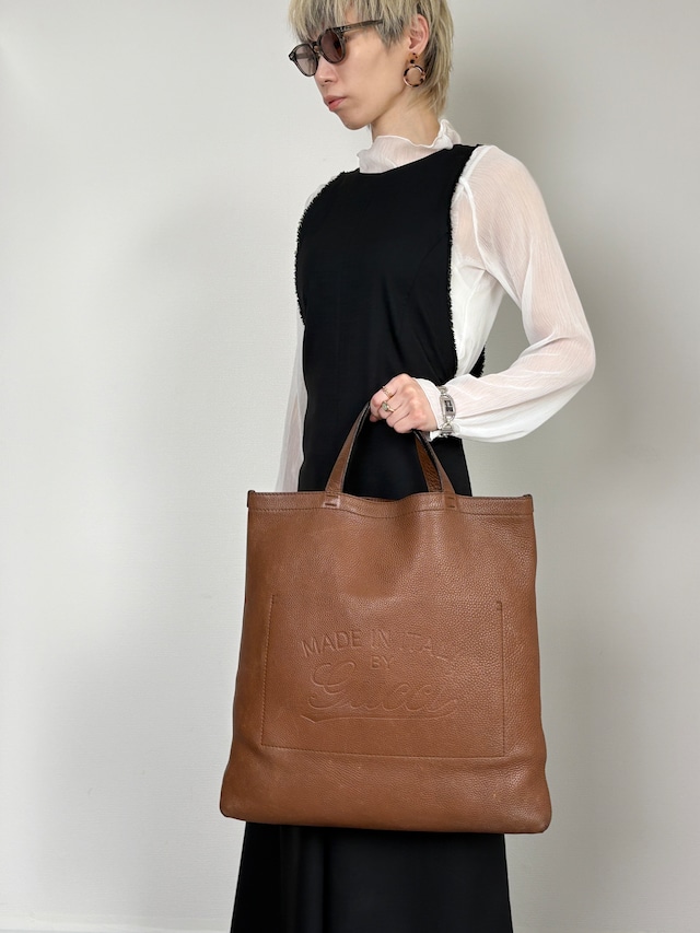 GUCCI グッチ トートバッグ ブラウン ロゴ型押し レザー vintage ヴィンテージ オールド 7tbu4m