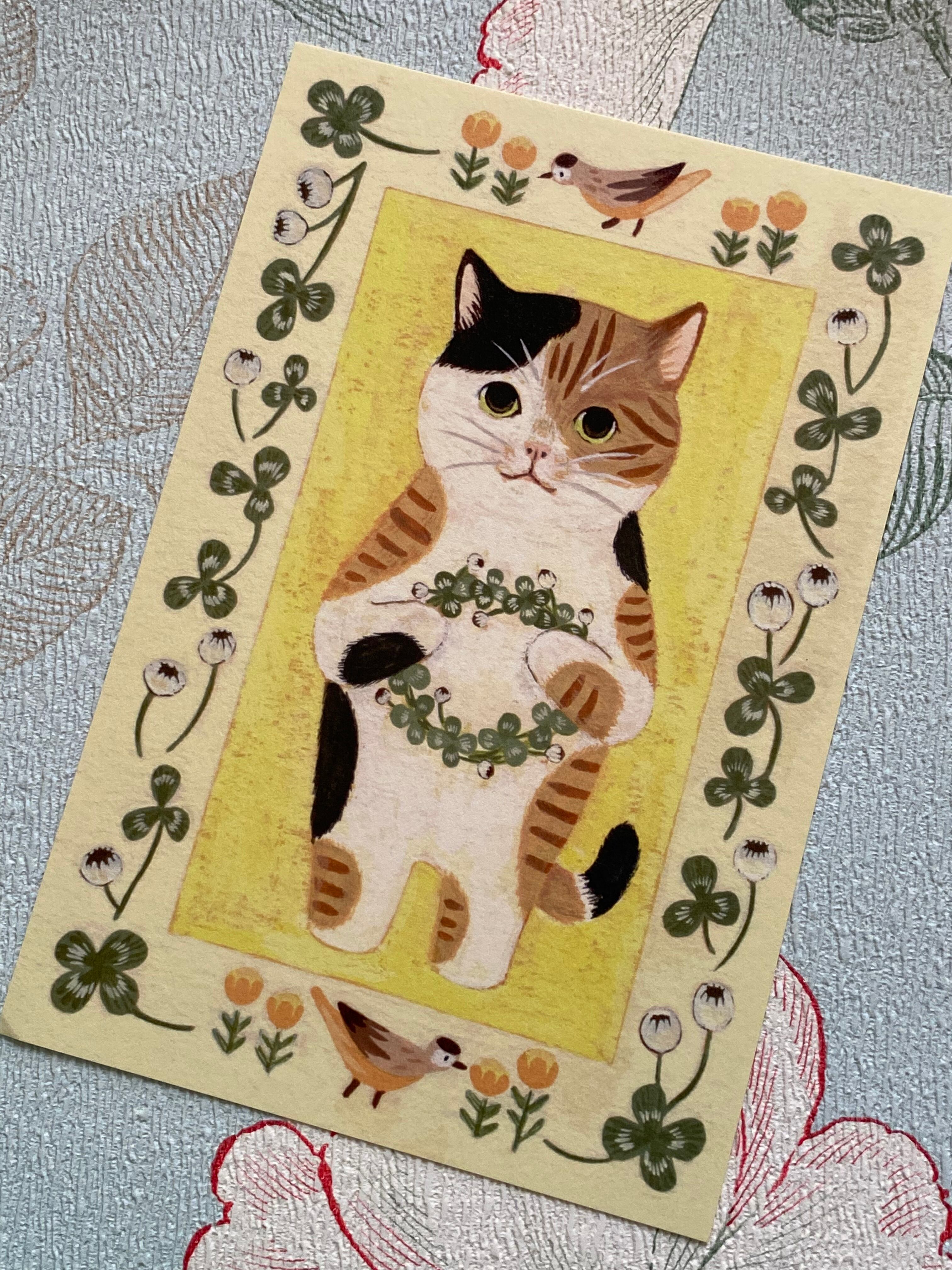 水彩画 猫 イラストレーター 三毛猫 クローバー ポストカード コチカーニバル