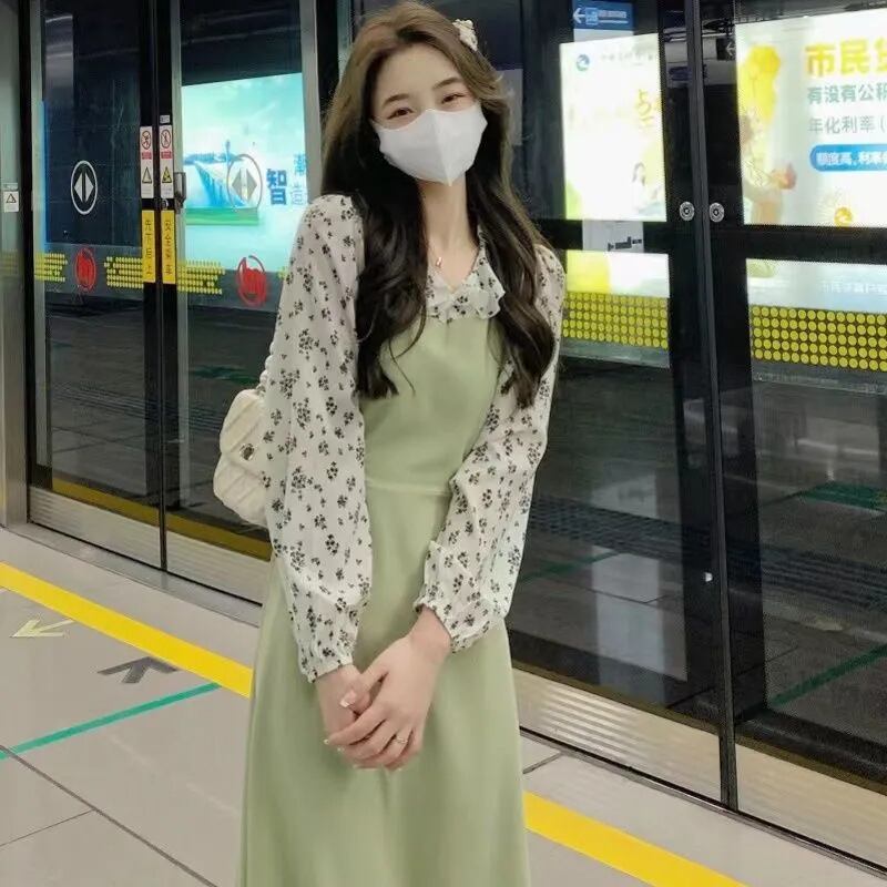 【新作】【送料無料】 秋の新しい花柄ドレスフェイクツーピース優しいロングスカートフレンチデザインニッチスプライシング多用途妖精スカート 0227662338828