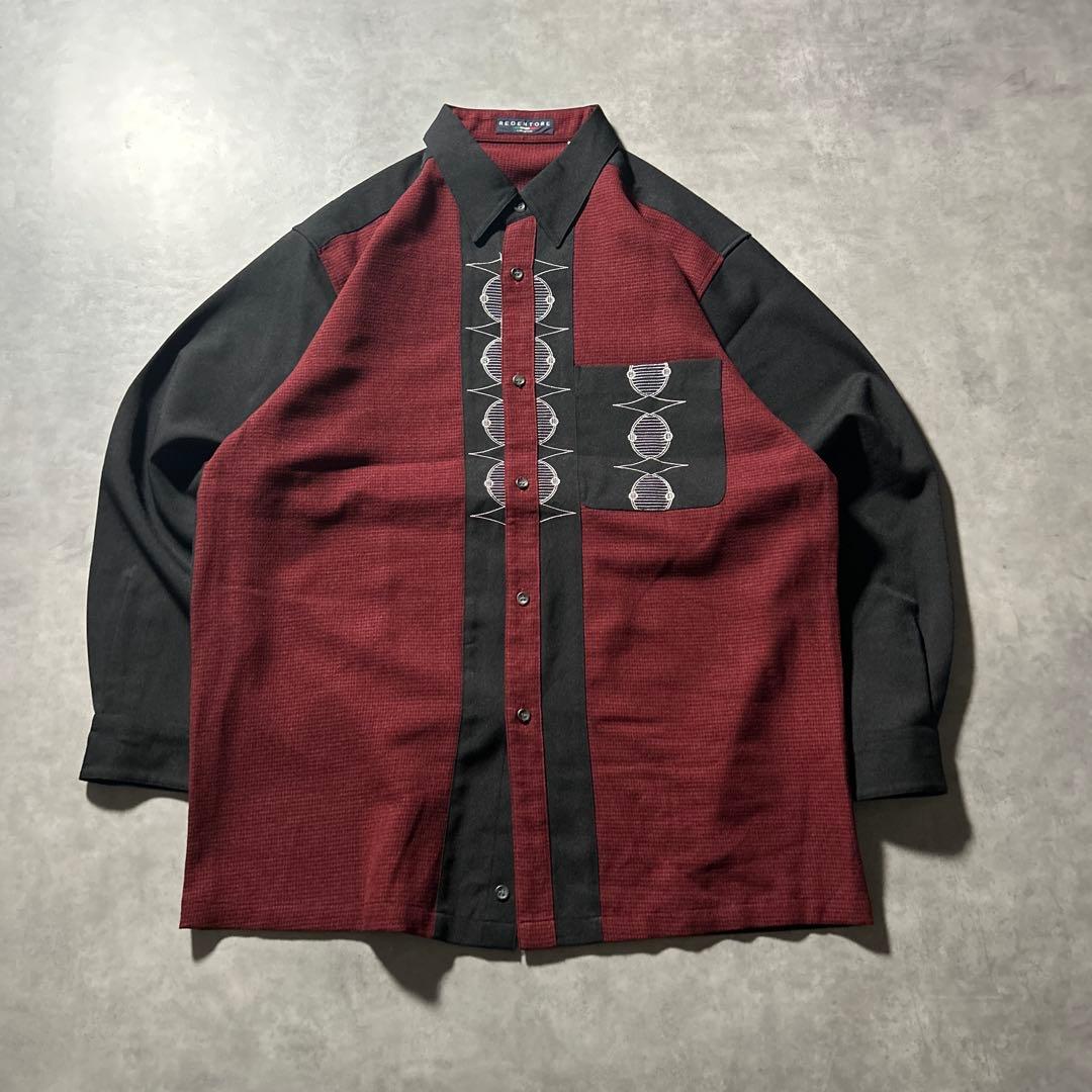 ヴィンテージ 総柄 切り替え レッド ブラック モード 刺繍 デザイン シャツ