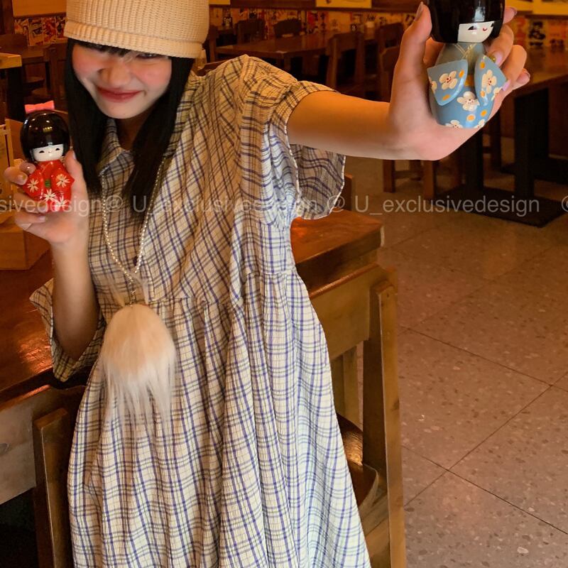 シャツ カラー格子柄ルーズドレス サマーカジュアルハイウェストAラインスカート 夏物 ビッグFスモールZ韓国90396823294