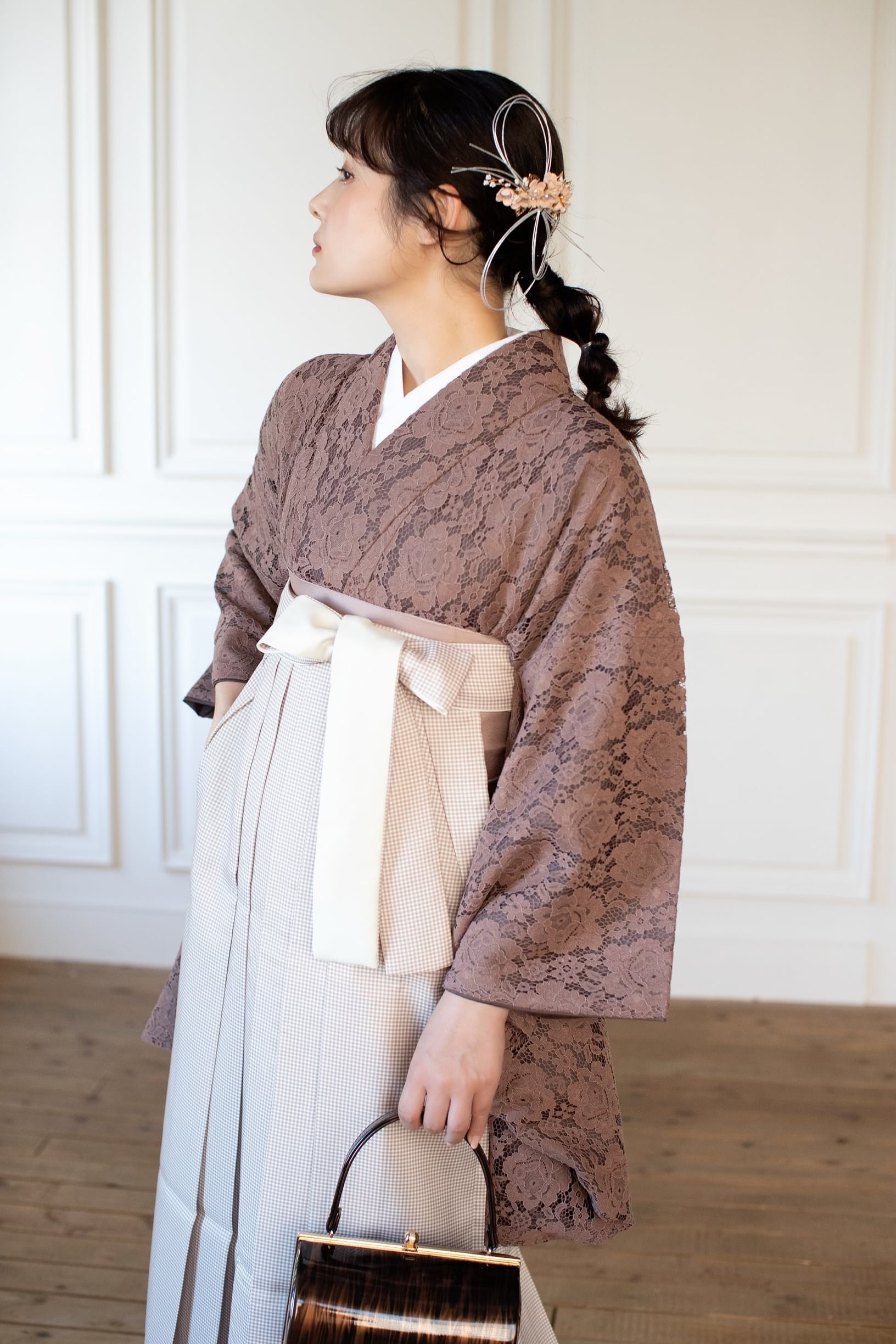 Kimono Sienne 卒業式袴 3点セット レース二尺袖 袴 卒業式 ブラウン