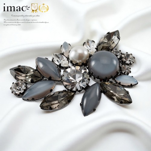ブローチ ラインストーン ボヘミアングラス パール グレー クリアカラー ホワイト 153071