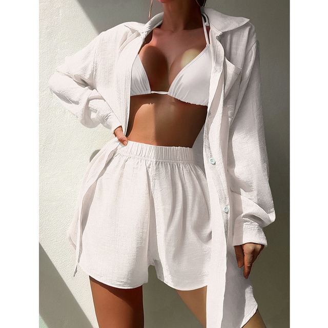 Loose fit sunscreen long sleeve shirt beach bikini shorts 125577