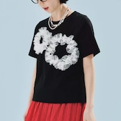ピュアコットン サークルモチーフチュール ラウンドネックTシャツ i0307