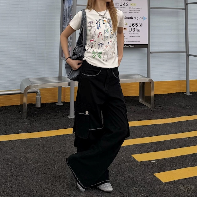 コントラストステッチワイドシルエットカーゴパンツ 2col R02455
