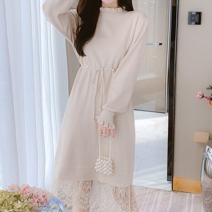 ワンピース レディース ミモレ ミモレ丈 ミディアム丈 長袖 レース ハイウエスト かわいい 大人可愛い きれいめ 上品 エレガント おしゃれ お洒落 お嬢様 おとな こなれ感 ラブリー キュート ロマンチック 抜け感 主役級 存在感 無地 学生 通学 デート お出かけ 女子会 休日 パーティー S M L XL ホワイト 白 ブラック 黒 秋 冬 20代 30代 40代 韓国 韓国系 着回し 普段使い 体型カバー ファッション コーデ モテ トレンド 流行