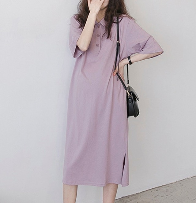 ミモレ丈 ポロシャツ ワンピース レディース ワンピース サマーワンピ 膝下 ミモレ 半袖 5分袖 襟付き 角襟 ポロカラー ワイド Iライン ドレープ スリット サイドスリット ポケット ボタン ハーフボタン かわいい 大人可愛い シンプル カジュアル おしゃれ こなれ感 ラフ ルーズ 無地 春 夏 秋 ママ マタニティ 通勤 学生 学校 通学 デート お出かけ 旅行 公園 女子会 休日 ショッピング カフェ 重ね着 楽ちん 体型カバー 普段使い 着回し ゆったり フリーサイズ 黒 ブラック パープル