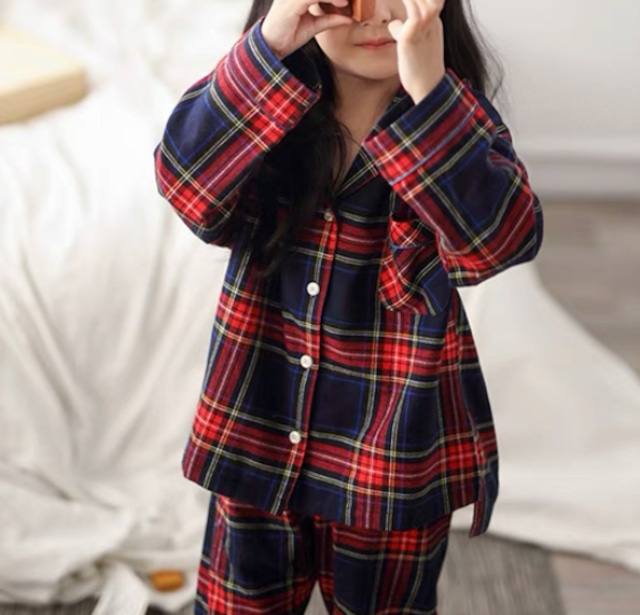 【親子ペアok】【110〜140size】kids cotton  plaid long sleeve pajamas p288