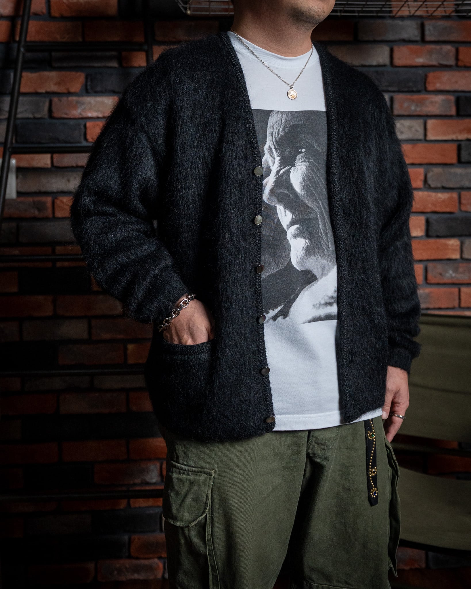 MINDSEEKER ブラック シャギーモヘアカーディガン シャギーニットカーディガン 44 モヘア ファッション