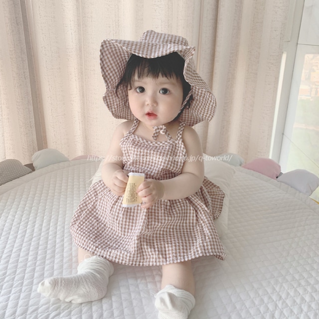 【60㎝-100㎝】ワンピース　チェック柄　帽子付き　女の子　韓国風子供服 ベビー服 キッズ BABY 子供用ベビー服 　ベビー用　子供服　ベビー　可愛い　韓国版