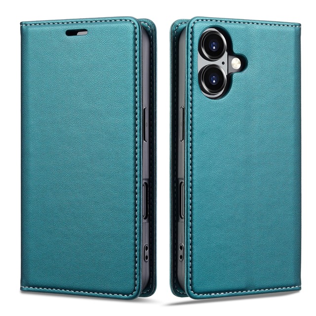 アイフォン17対応ケース iphone17手帳型ケース case 真珠光沢レザー RFID磁気防止 スマホケース 内蔵マグネット スタンド機能 カード入れ 薄型ビリジアンブルー
