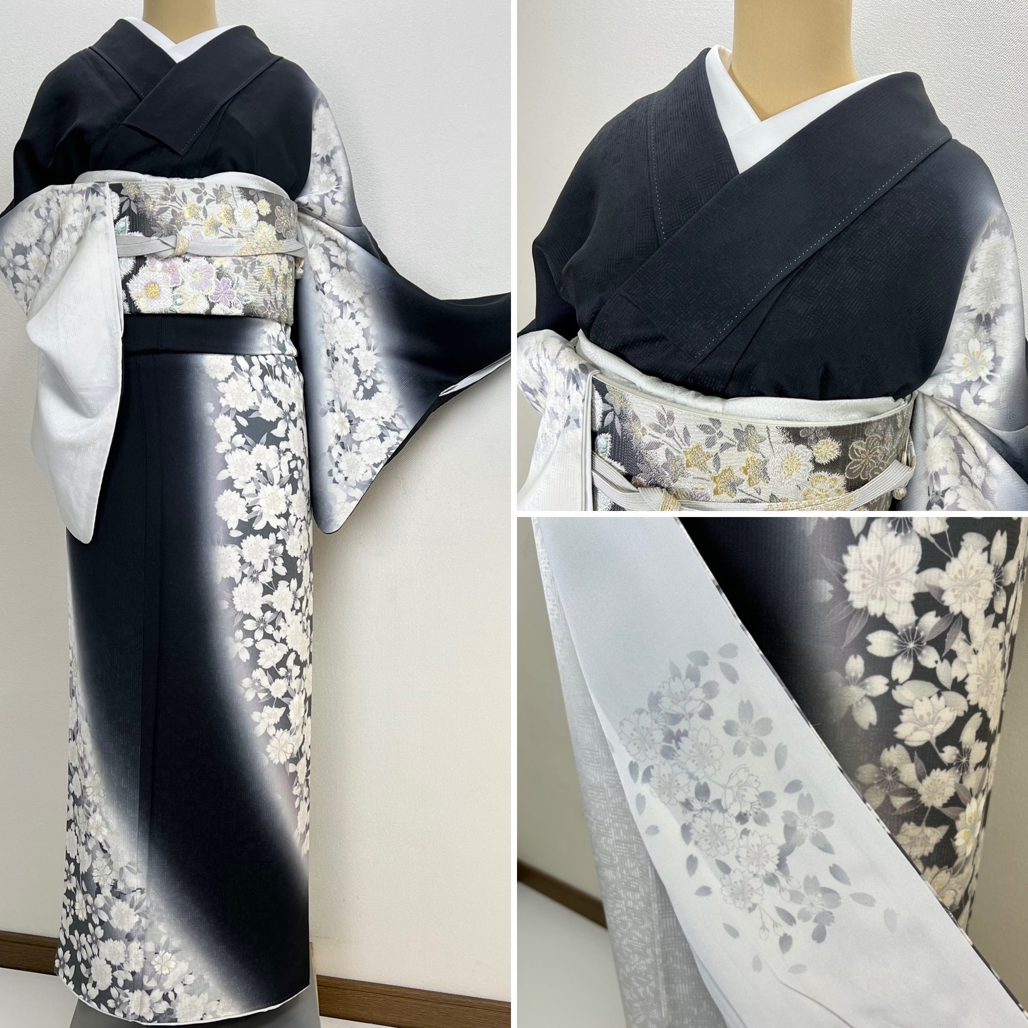 美品モノトーン 刺繍 八重桜 訪問着 正絹   着物 夢美月