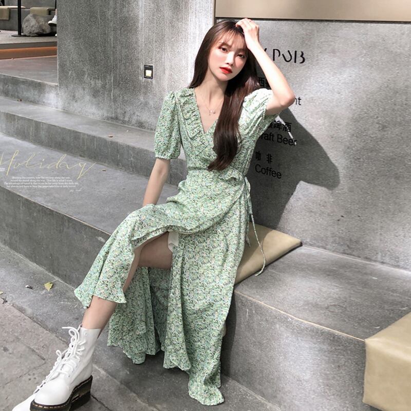 グリーンフローラルドレス サマーロングスカート 夏物 花柄 スーパーモール29918411009