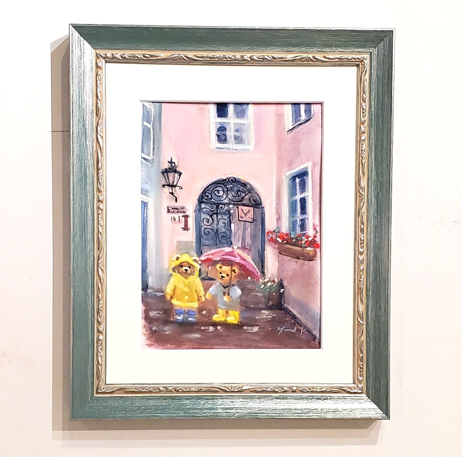 絵画 ｢クマ達の黄花藤の咲くお店｣ F4 水彩/パステル 額付き Yumi