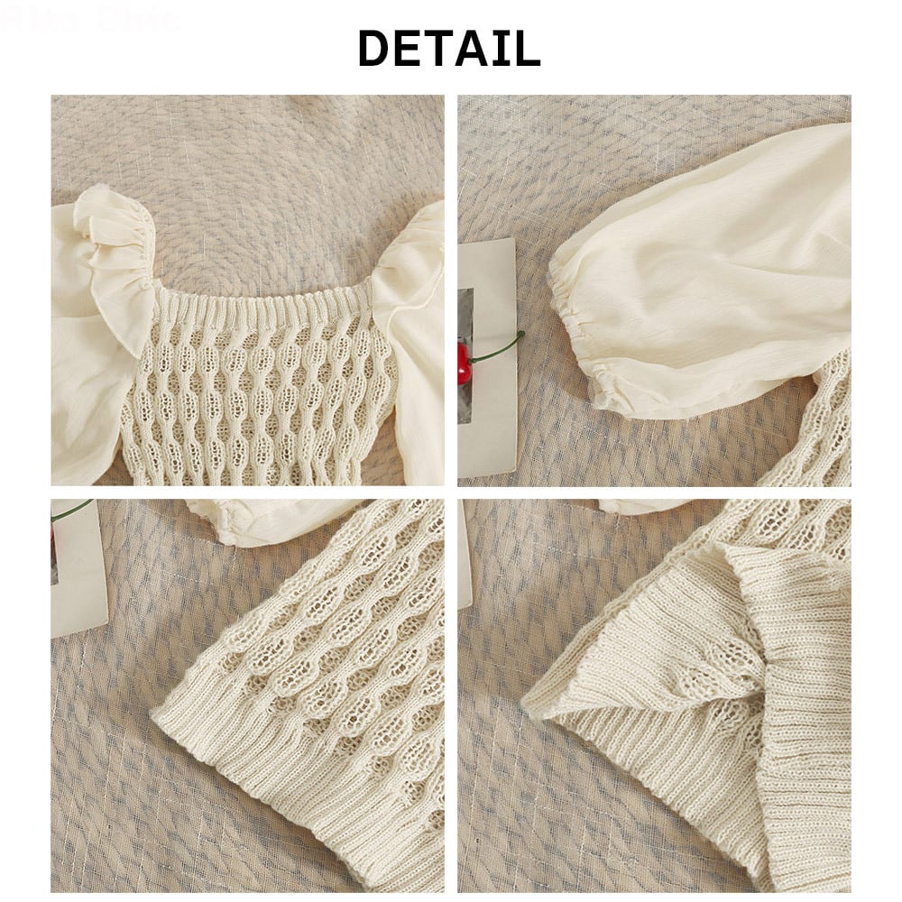 スクエアネック ニット ブラウス レディース 春夏秋 韓国 パフスリーブ 切り替えニット 大人 きれいめ フェミニン おしゃれ ショート丈 トップス 大人可愛い 大人女子