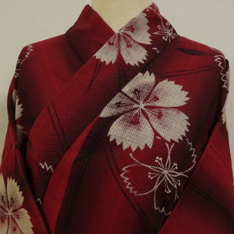 浴衣　綿紅梅　真紅色に縦縞と撫子　コシノジュンコ 浴衣 綿紅梅 真紅色に縦縞と撫子 コシノジュンコ | アンティーク