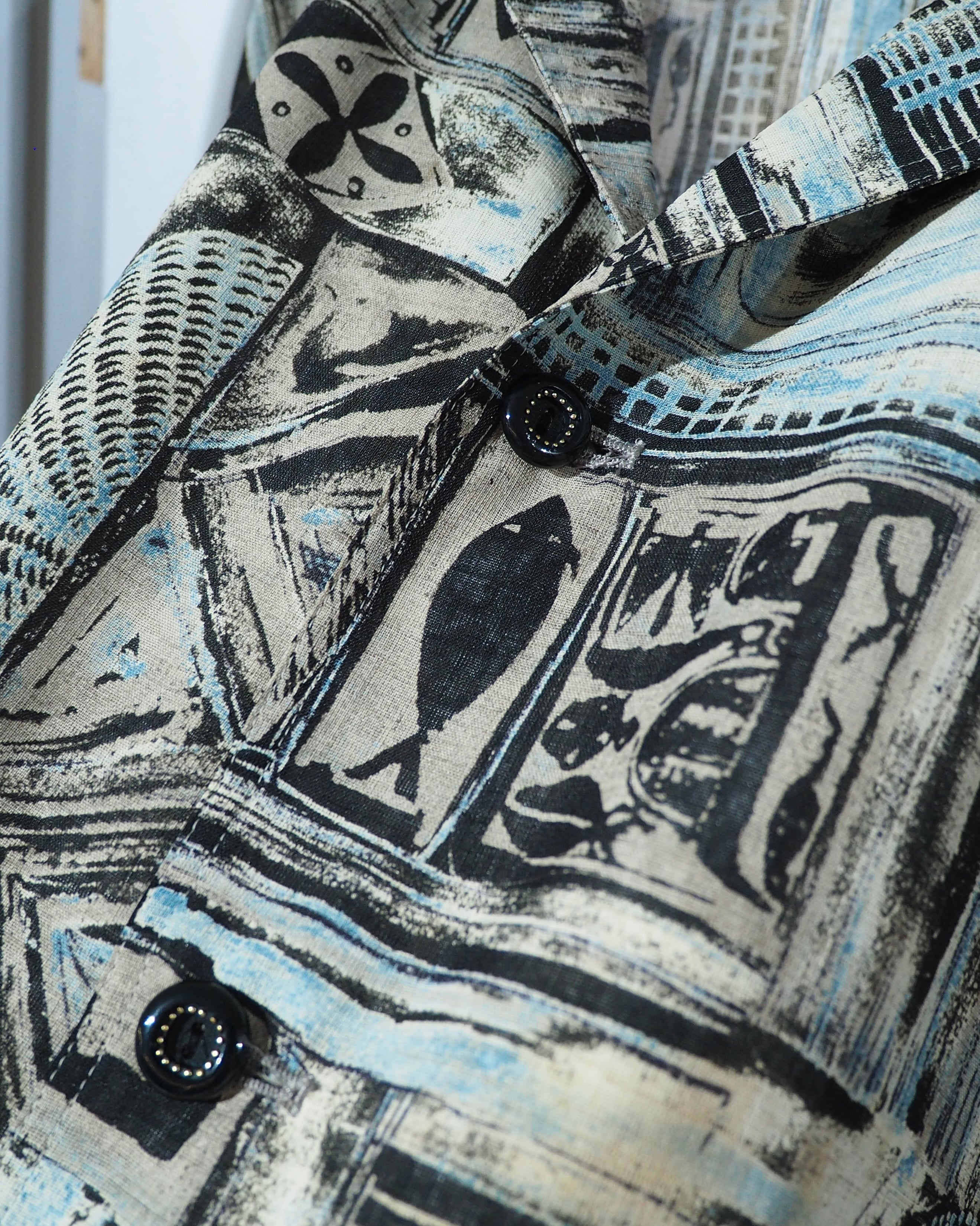 1980 - 90s Cold tone Ink painting vintage loose SS Open collar Shirt