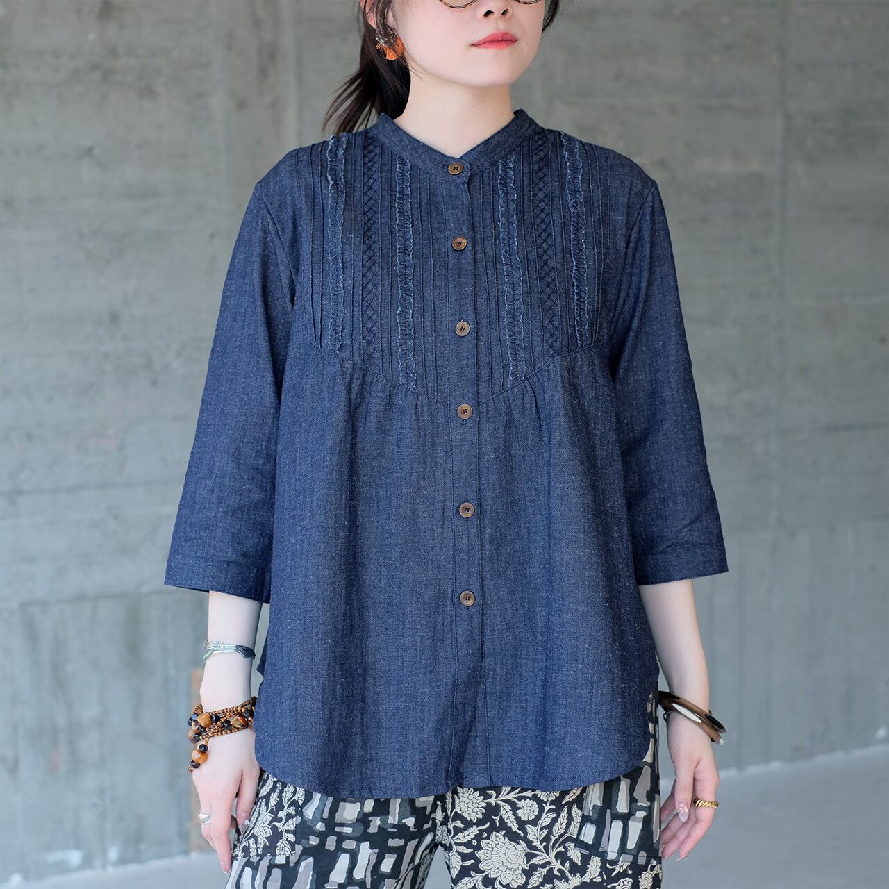 大人可愛い♡七分袖ピンタックフリルブラウス(26s-02)デニム