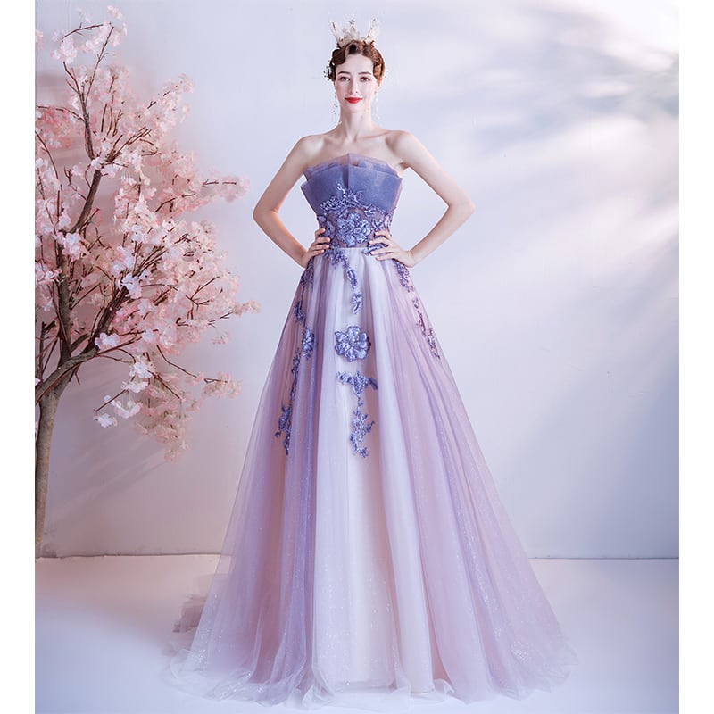 美品！パーティードレス 紫 ベアトップ グラデーション 短トレーン プリンセスライン 憧れのドレス エレガント 可愛い シアーな美しさ 大好評中！