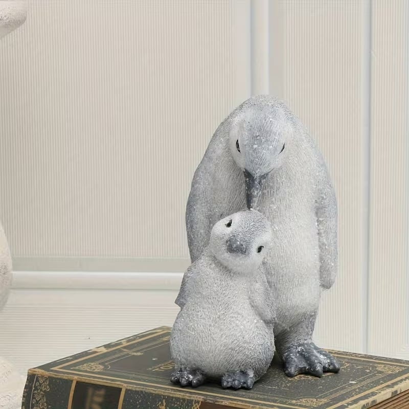 置物 オブジェ ペンギンの親子 グリッター シルバーグレー リアル