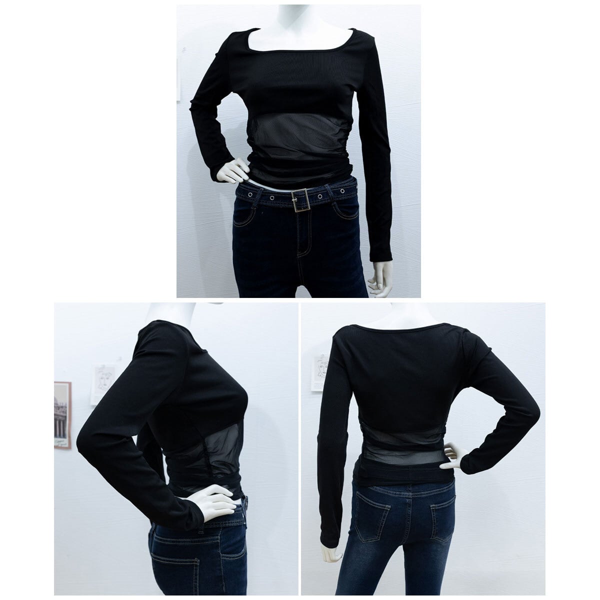 Tシャツ チュール切り替え 長袖 トップス レディース 春秋 韓国 透け感 きれいめ シアートップス おしゃれ 大人 カジュアル 重ね着 薄手 無地 大人可愛い 大人女子