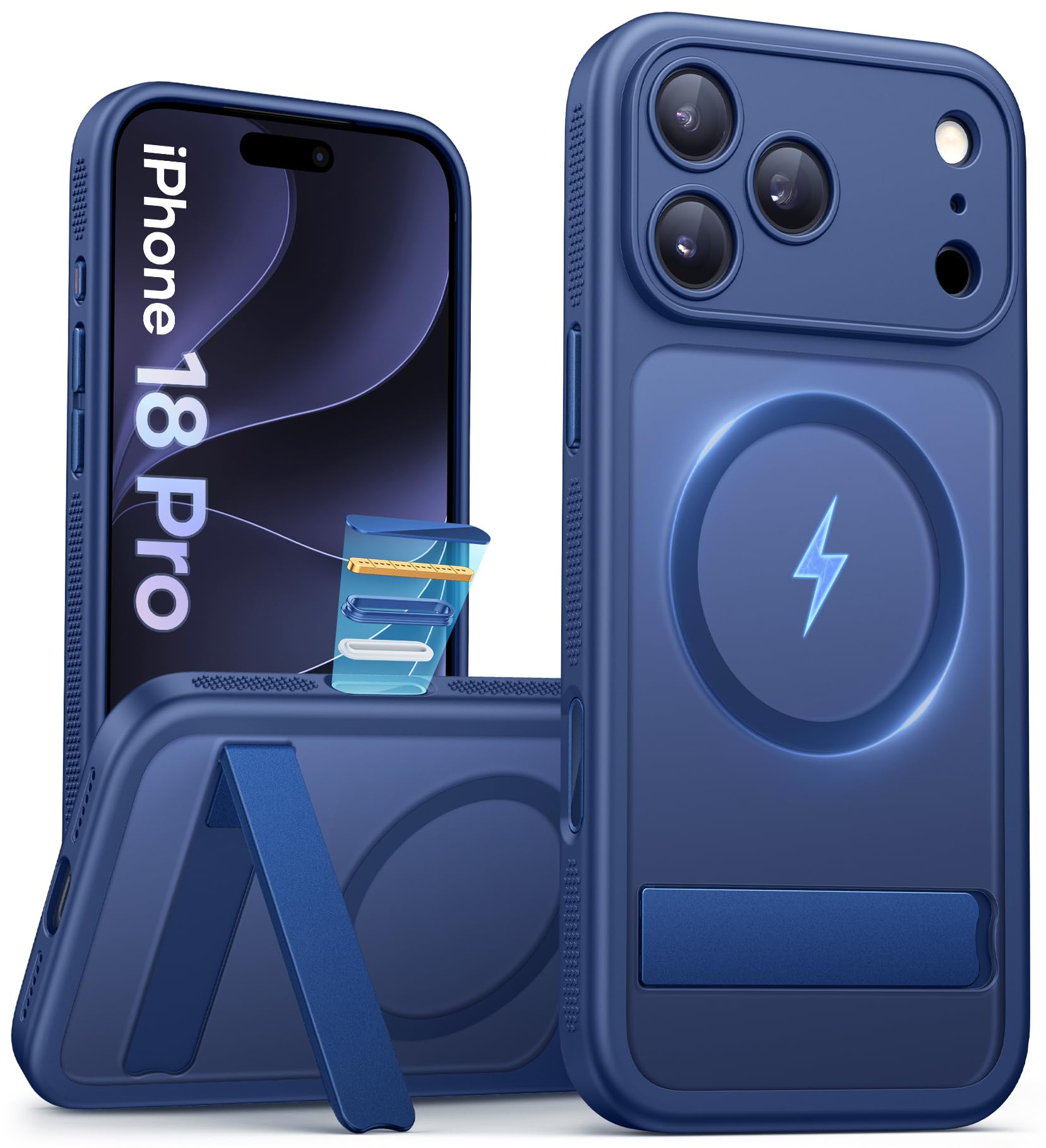 Vihibii iPhone 18 Pro 用ケース Magsafe対応 キックスタンド付き カメラボタン付き 米軍MIL規格 (ブルー)