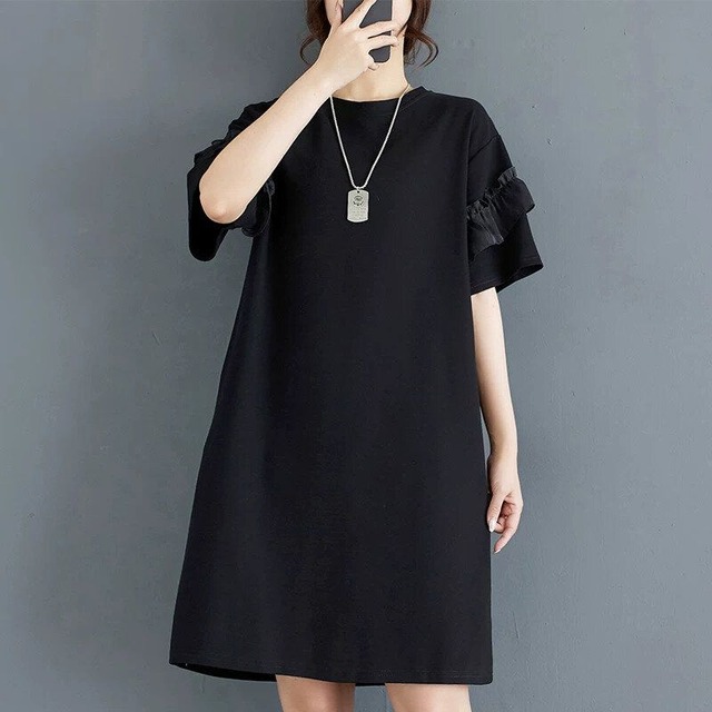 BLACK FRILL LINED MINI T-SHIRT DRESS 1color M-16396