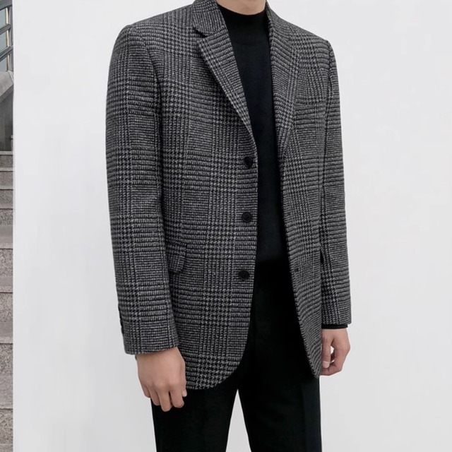 チェック柄 ツイード テーラードジャケット  スーツ 韓国ファッション メンズ アウター ウール