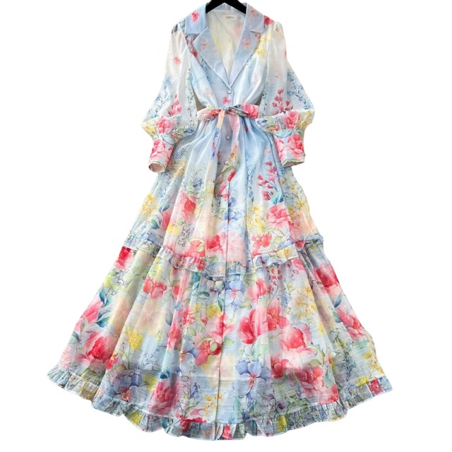 お急ぎ便【 Sサイズ / ブルー 】フラワーテーラードティアードワンピース L2243