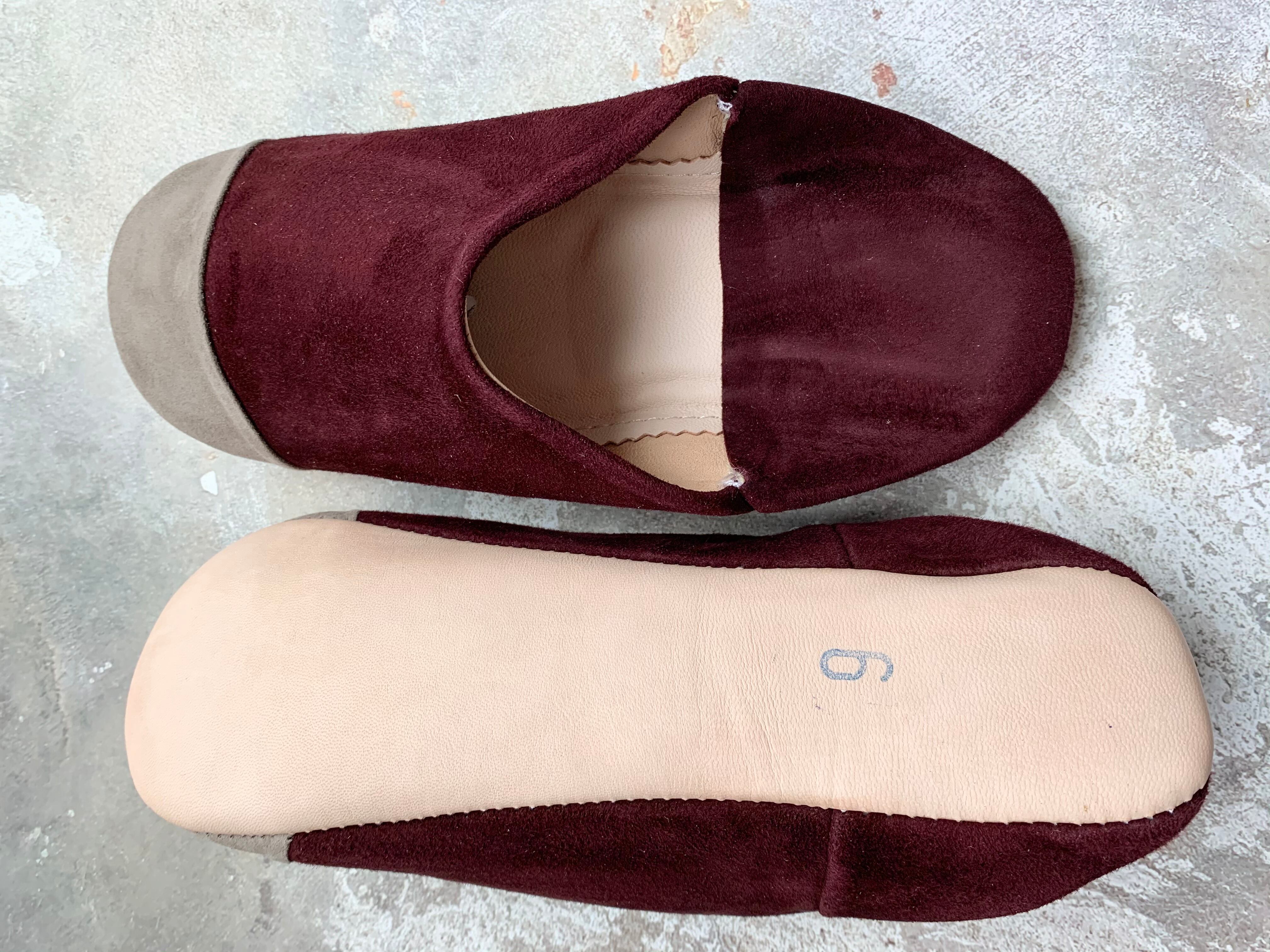 モロッコスエードバイカラーバブーシュ(エンジ)