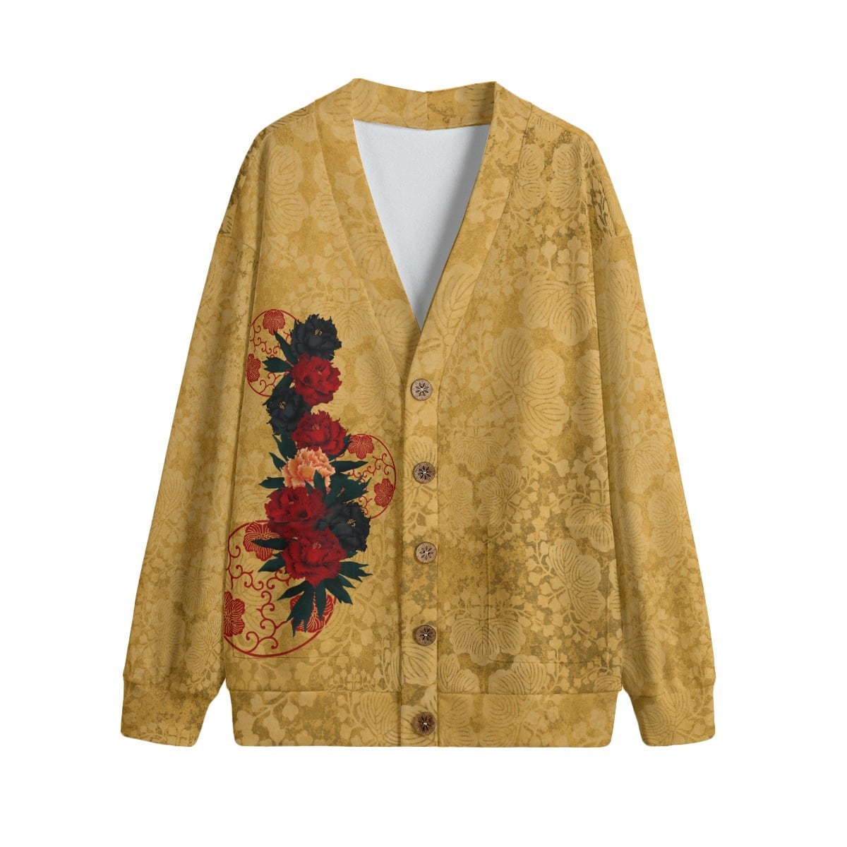 和牡丹 和柄 ユニセックスフリースカーディガン | Baroque Japanesque