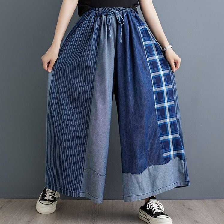 PANEL ELASTIC WAIST DRAWSTRING WIDE LEG PANTS M-18458