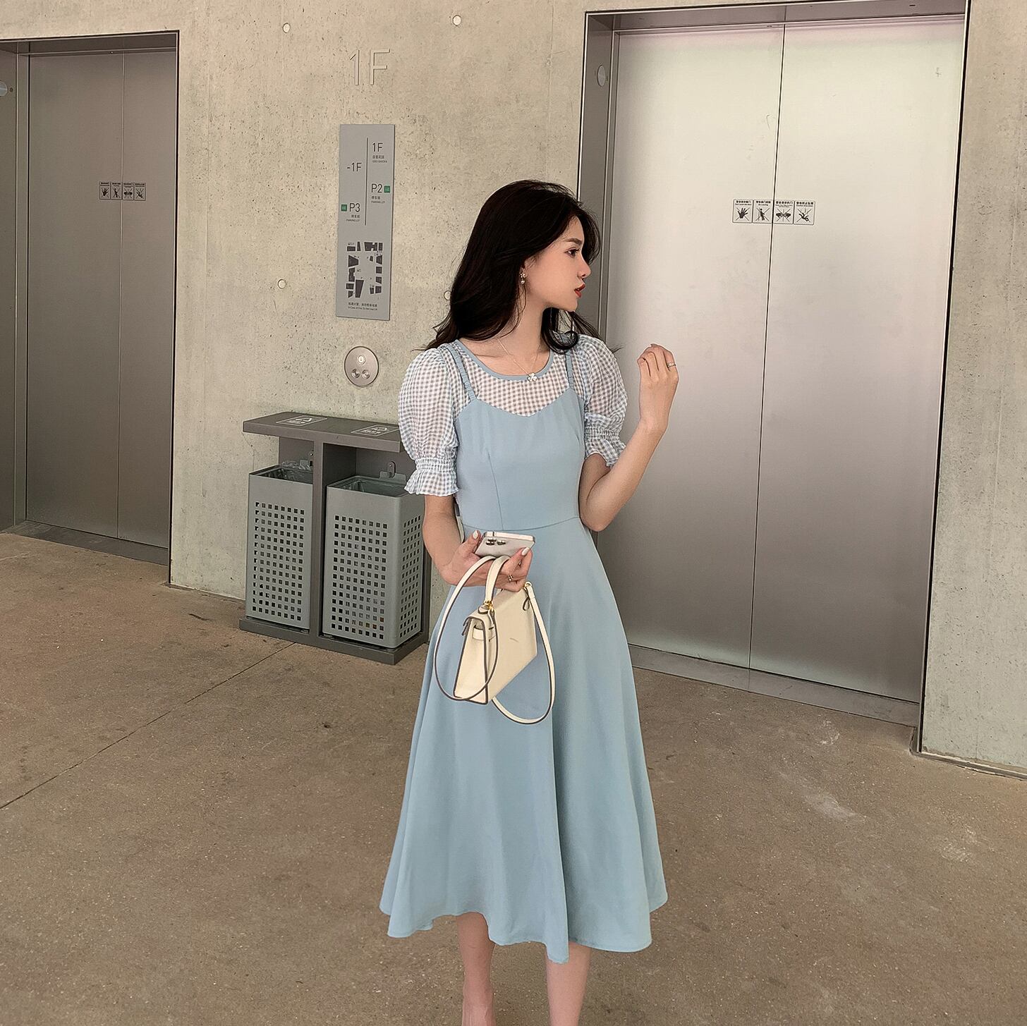 格子柄ドレス サマーウェスト薄手Aラインスカート 夏物 ステッチ 6Du_Shop_Women81752647343