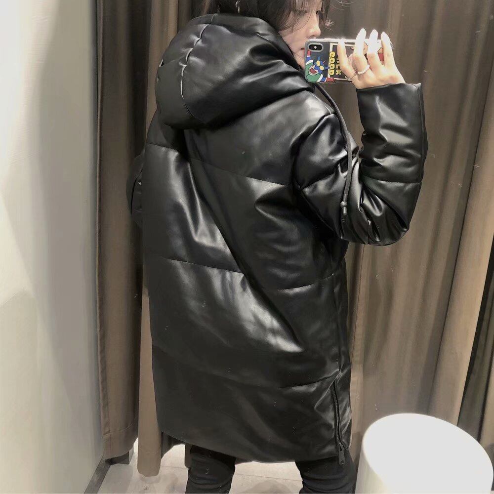 Ω ブラックフードレザーコート コットン Ω アイドル ジャケット