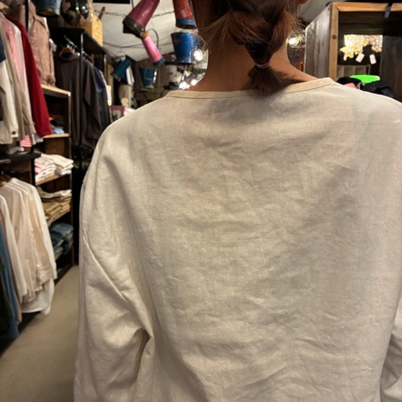 French type Linen cotton Henley shirt L/S White　フランスタイプ　リネンコットンヘンリーネックシャツ　ホワイト　L/S　ファッション　ユニセックス　軍物　フランス軍　ミリタリー　長袖　インナー　ブラウス