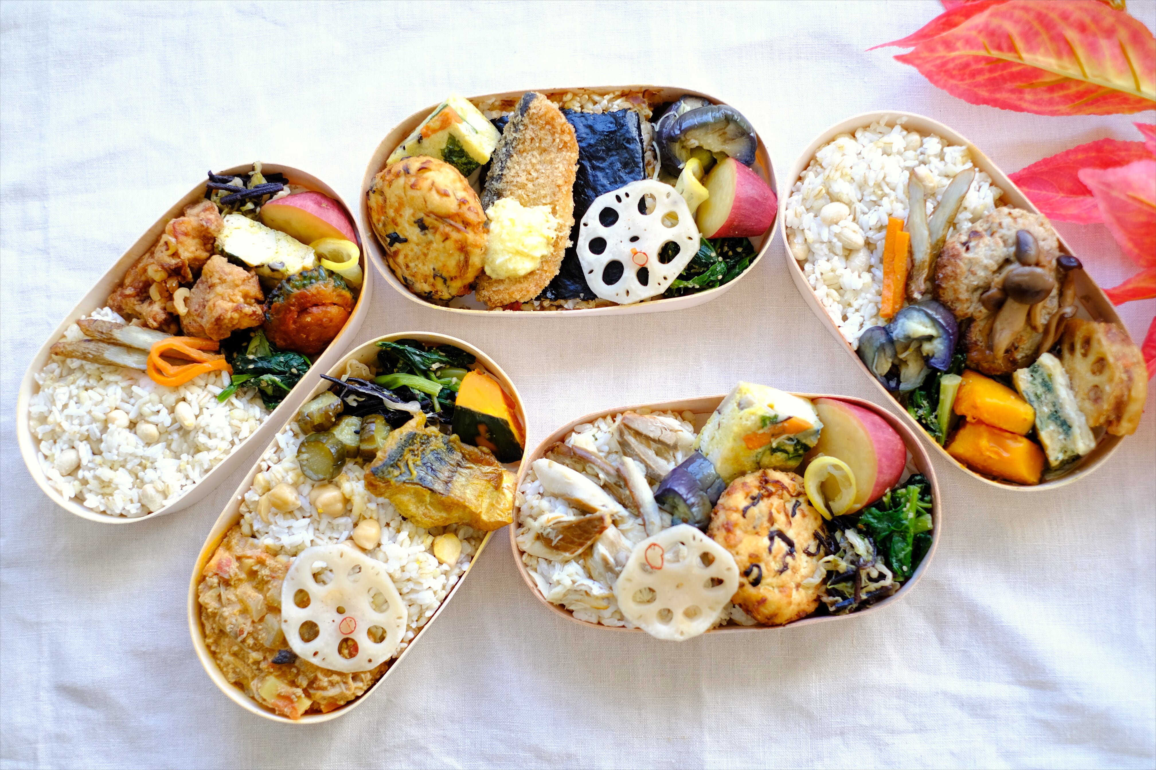 秋のお弁当5種セット【無添加、無農薬米、有機・特別栽培野菜】