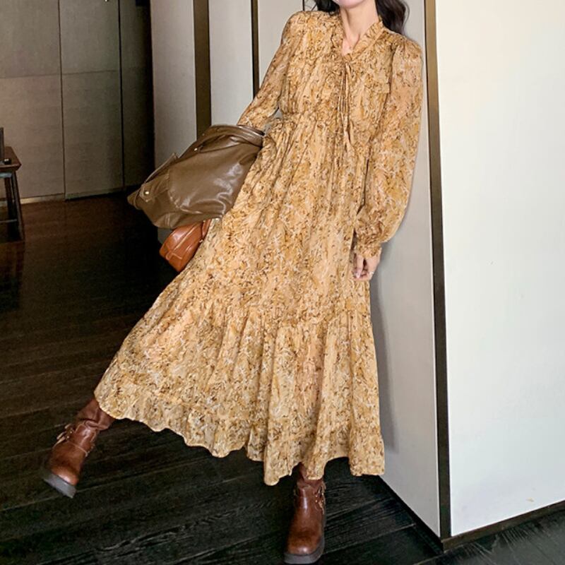 Amber Floral Bow-Tie Chiffon Maxi Dress S0330