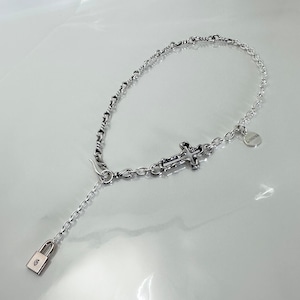 OPEN CROSS & TWIST CHAIN NECKLACE with PADLOCK pink silver / オープンクロス＆ツイストチェーンネックレス ウィズピンクシルバーパドロック