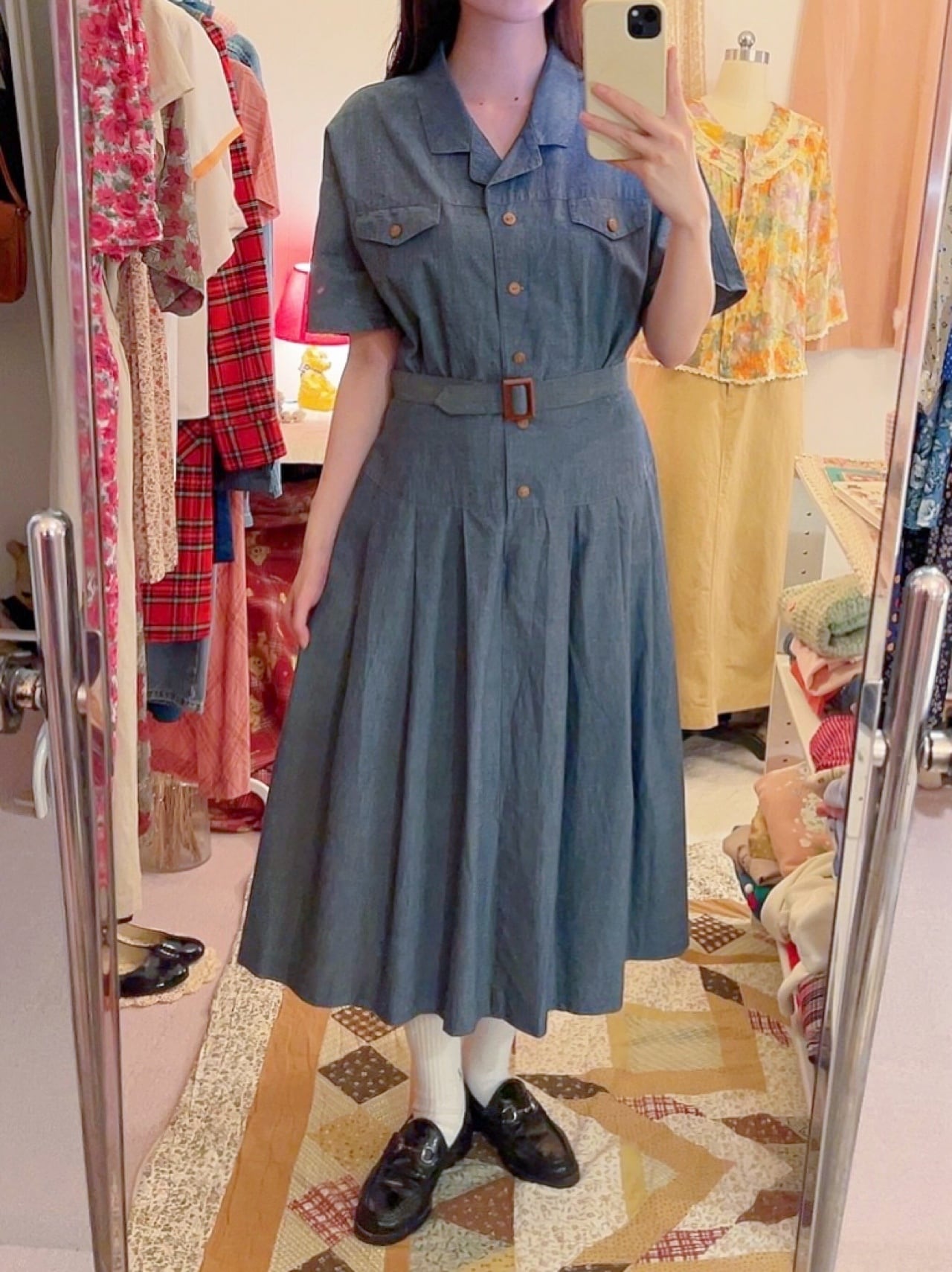 chambray open collar one-piece