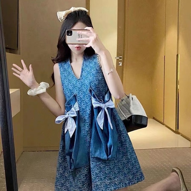 Dress 大人可愛いノースリーブリボン付き ネックデニムワンピース N 0969 Nanastyle