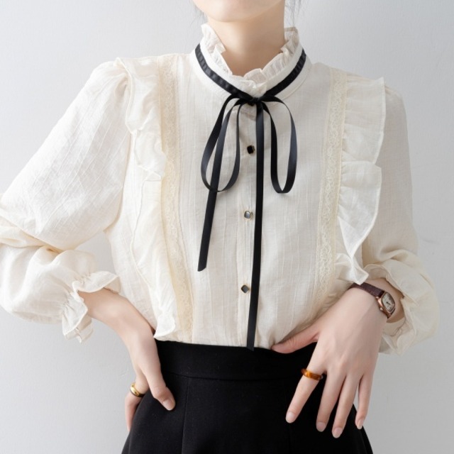 リボンタイ フリル レトロ ブラウス 232412