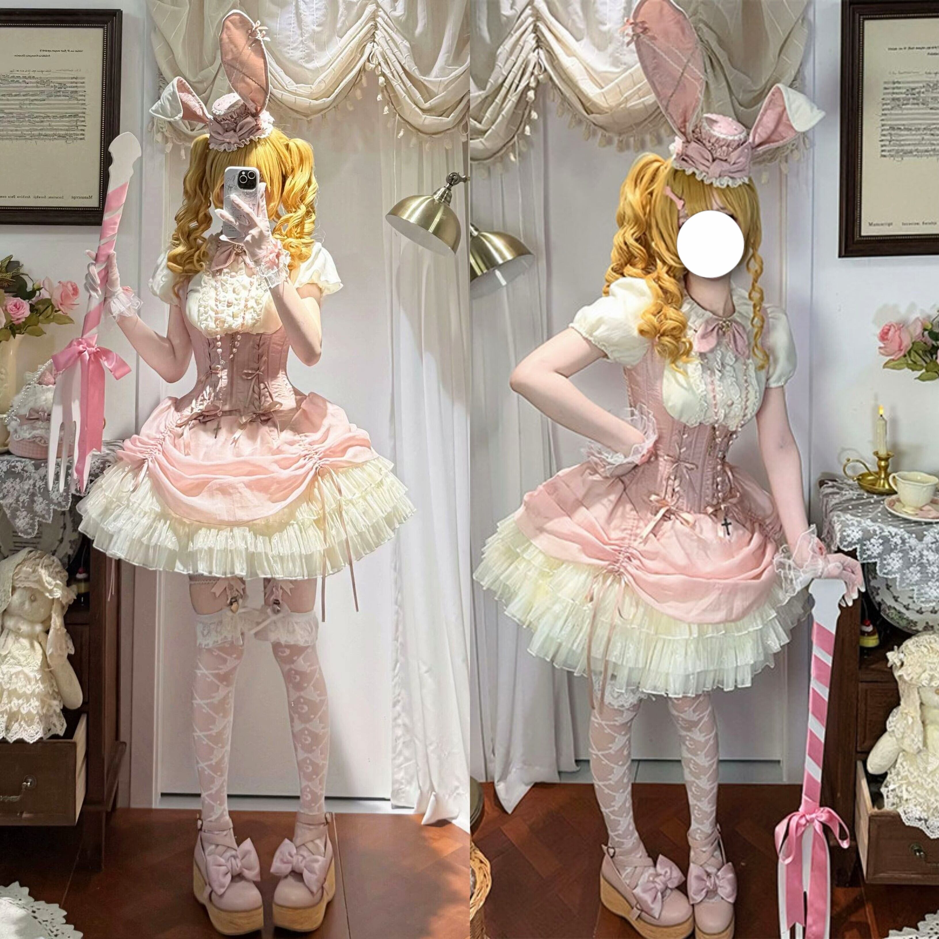 ロリータ 甘ロリ バニー ブラウス ジャンスカ ハット セット 4color